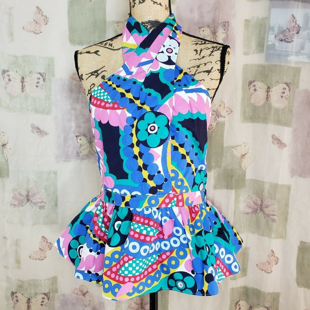 Multi-color halter neck pleated front peplum cotton top